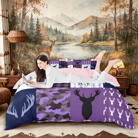 Castle Fairy Rustic Deer Hunting Duvet Cover Queen,Vintage Checkered Camo Queen Bedding,Gray Black White,Pink Reversible,3-Piece,No Comforter,1 Duvet Cover and 2 Pillowcases
