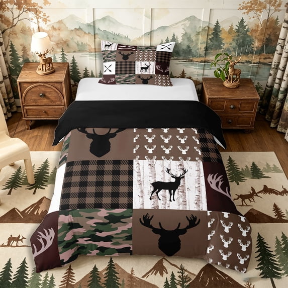 Castle Fairy Rustic Deer Hunting Twin Duvet Cover,Vintage Checkered Camo Twin Bedding,Gray Black White,Black Reversible,2pcs,No Comforter,1 Duvet Cover and 1 Pillowcase