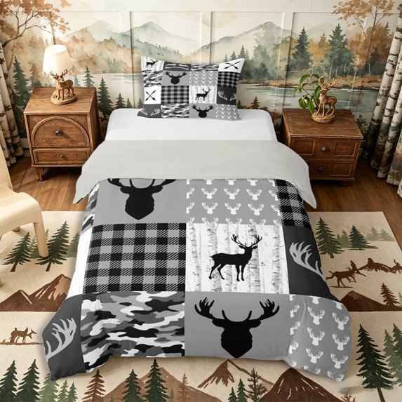 Castle Fairy Rustic Deer Hunting Twin Duvet Cover,Vintage Checkered Camo Twin Bedding,Gray Black White,Grey Reversible,2pcs,No Comforter,1 Duvet Cover and 1 Pillowcase
