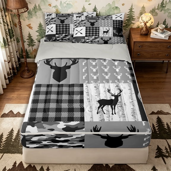 Castle Fairy Rustic Deer Hunting Zipper Queen Comforter Set with Fitted Sheet and 2 Pillowcases,Vintage Checkered Camo Zipper Bedding Set,Gray Black White,Grey Reversible,4 Pieces