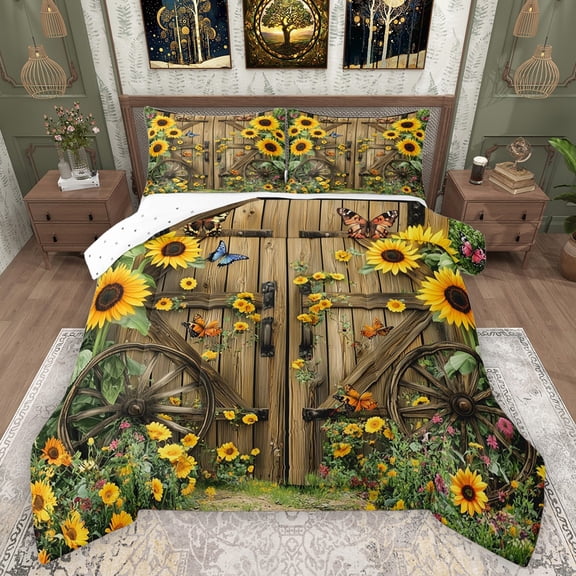 Castle Fairy Rustic Floral Sunflowers 3 Pieces Queen Comforter Set for Female Men Adults,Chic Floral Blossoms Ultra Soft Bedding Sets,Rustic Lodge Cabin Bedding Comforter Set Breathable