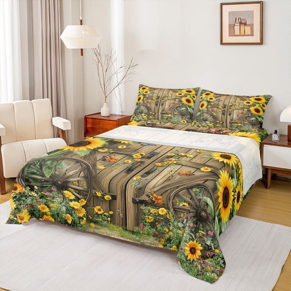 Castle Fairy Rustic Floral Sunflowers Twin Sheet Sets 3pcs for Female Men Adults,Chic Floral Blossoms Twin Fitted Sheet Microfiber,Rustic Lodge Cabin Breathable Flat Sheet,Breathable Home Decor