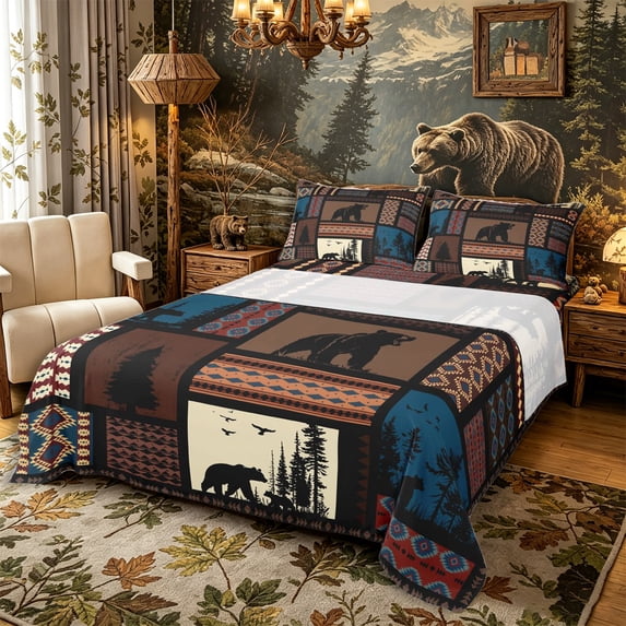 Castle Fairy Rustic Jungle Animal Bear Queen Sheets 4 Pieces,Bohemian Aztec Tribal Plaid Queen Sheet Sets,Sepia Red Blue,1 Fitted Sheet, 1 Flat Sheet and 2 Pillowcases
