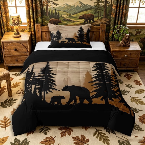 Castle Fairy Rustic Jungle Bear Twin Comforter Sets 2pcs,Moutain Woodland Wildlife Bedding Set,Tan Black Cream,Black Reversible,1 Comforter and 1 Pillowcase