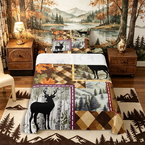 Castle Fairy Rustic Jungle Deer Twin Sheets 3pcs,Woodland Animal Maple Leaves Bedding,Brown Orange Cream,1 Fitted Sheet, 1 Flat Sheet and 1 Pillowcase