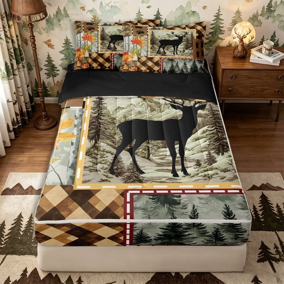 Castle Fairy Rustic Jungle Deer Zipper Twin Comforter Sets with Fitted Sheet and 2 Pillowcases,Woodland Animal Maple Leaves Zipper Bedding Set,Brown Orange Cream,Black Reversible,4-Piece