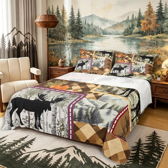 Castle Fairy Rustic Moose Bed Sheets 4-Piece,Vintage Leaves Plaid Full Size Sheets,Brown Orange Cream,1 Fitted Sheet, 1 Flat Sheet and 2 Pillowcases