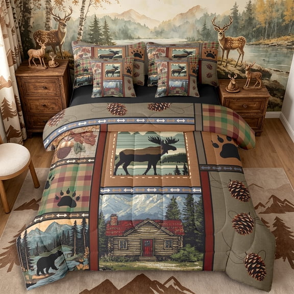 Castle Fairy Rustic Moose Pinecone Queen Bedding 7pcs,Vintage Cabin Plaid Bedding Comforter Set Queen,Earth Brown Green,Black Reversible