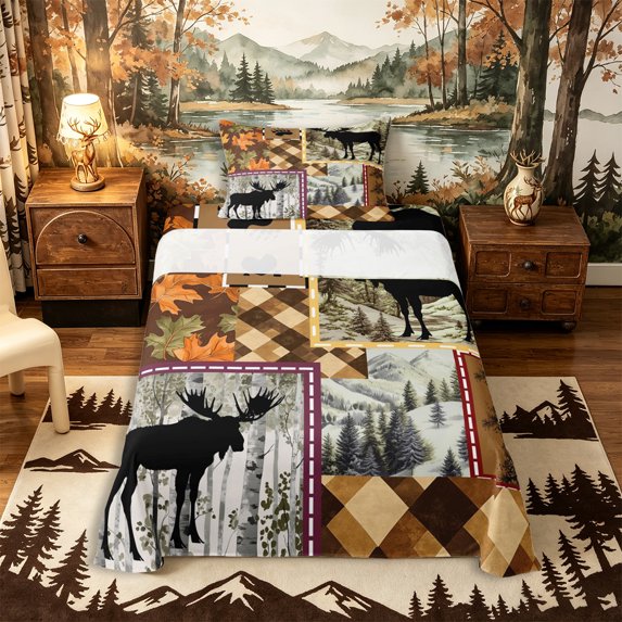 Castle Fairy Rustic Moose Twin Sheets 3pcs,Vintage Leaves Plaid Bedding,Brown Orange Cream,1 Fitted Sheet, 1 Flat Sheet and 1 Pillowcase