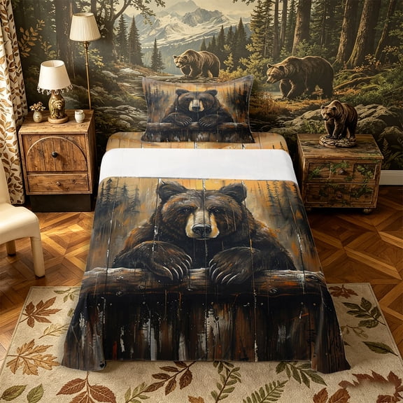 Castle Fairy Rustic Oil Painting Bear Twin Sheets 3pcs for Teens,Vintage Wooden Plank Forest Bedding,Brown Black Orange,1 Fitted Sheet, 1 Flat Sheet and 1 Pillowcase
