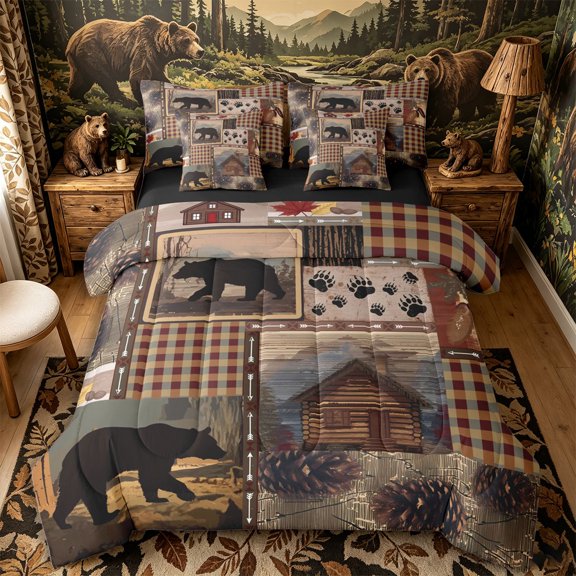 Castle Fairy Rustic Patchwork Black Bear Silhouette Full Size Bedding Sets 7 Pieces,Cabin Plaid Pinecone Paw Print Full Size Bed in a Bag,Brown Red Beige,Black Reversible