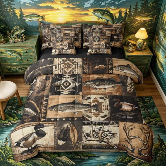 Castle Fairy Rustic Patchwork Fishing Queen Bedding 7pcs,Trout Duck Antler Western Collage Bedding Comforter Set Queen,Brown Black,Black Reversible