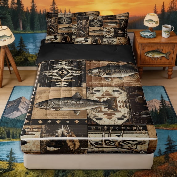 Castle Fairy Rustic Patchwork Fishing Zipper Twin Comforter Sets with Fitted Sheet and 2 Pillowcases,Trout Duck Antler Western Collage Zipper Bedding Set,Brown Black,Black Reversible,4-Piece
