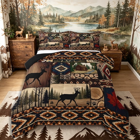 Castle Fairy Rustic Patchwork Western Wildlife Full Size Comforter Sets 3-Piece,Aztec Plaid Cabin Pine Paw Print Bedding Comforter Set,Brown Red Cream,Black Reversible,1 Comforter and 2 Pillowcases
