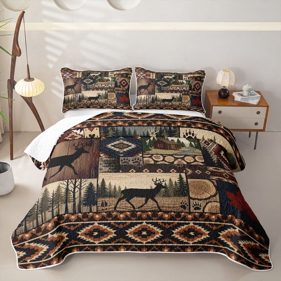Castle Fairy Rustic Patchwork Western Wildlife Twin Quilt Set,Aztec Plaid Cabin Pine Paw Print Twin Coverlet Set,Brown Red Cream