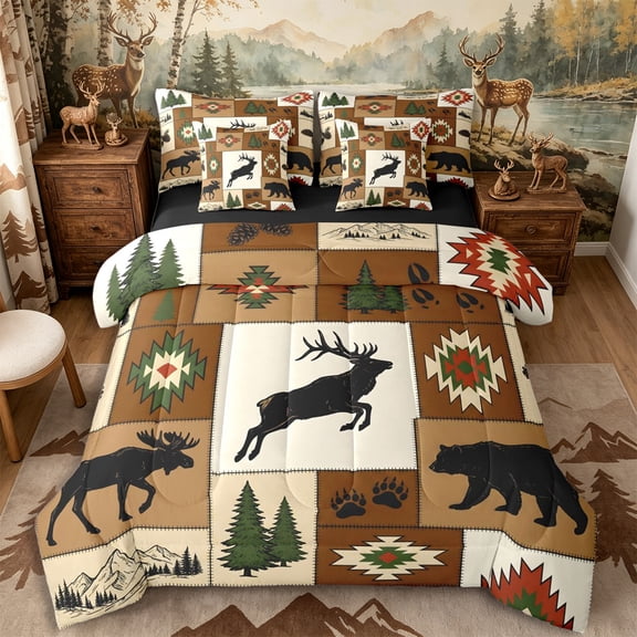 Castle Fairy Rustic Patchwork Wildlife 7-Piece Twin Bedding,Aztec Geometric Pine Bear Deer Bedding Comforter Set,Brown Red Cream,Black Reversible