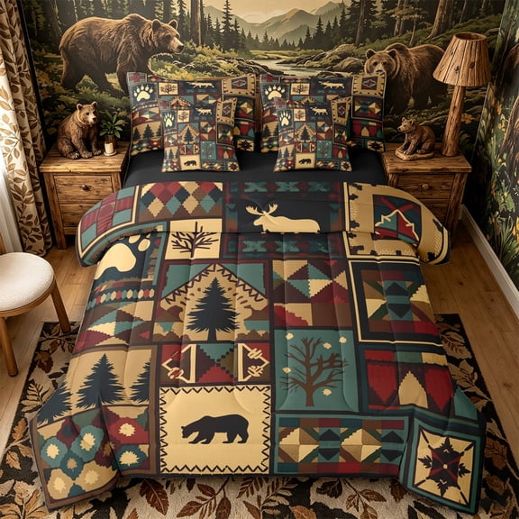 Castle Fairy Rustic Patchwork Wildlife 7-Piece Twin Bedding,Moose Bear Pine Tribal Bedding Comforter Set,Rust Red Cream,Black Reversible