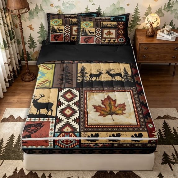 Castle Fairy Rustic Patchwork Wildlife Zipper Queen Comforter Set with Fitted Sheet and 2 Pillowcases,Bear Deer Boho Aztec Zipper Bedding Set,Sage Red Cream,Black Reversible,4 Pieces