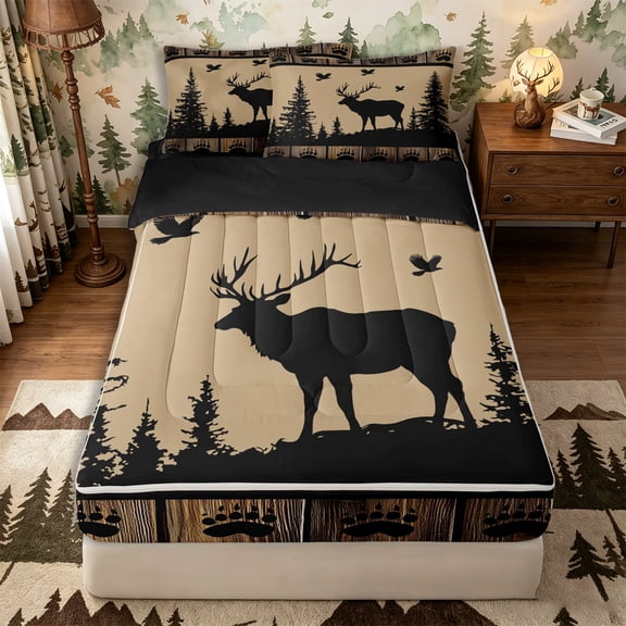 Castle Fairy Rustic Plaid Deer Zipper Queen Comforter Set with Fitted Sheet and 2 Pillowcases,Pine Paw Bird Zipper Bedding Set,Tan Brown Black,Black Reversible,4 Pieces