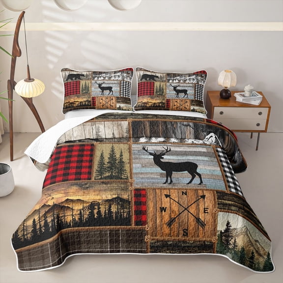 Castle Fairy Rustic Plaid Patchwork Wildlife Bed Spread Queen,Bear Deer Mountain Compass Wood Slat Queen Coverlet Set,Red Black Brown