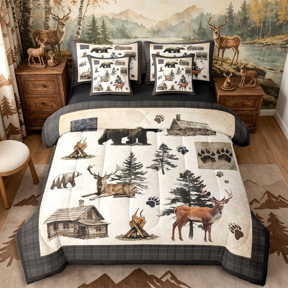 Castle Fairy Rustic Plaid Patchwork Wildlife King Bedding 7pcs,Cabin Bear Deer Pine Fire Paw Print King Bed in a Bag,Brown Beige Cream,Black Reversible