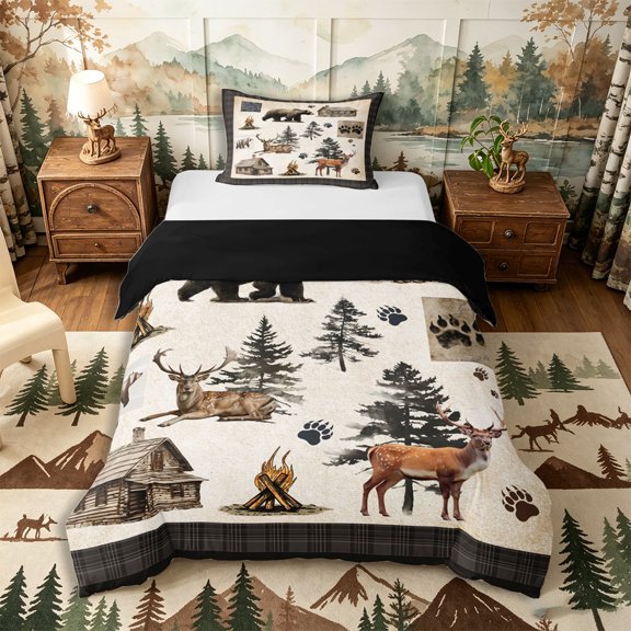 Castle Fairy Rustic Plaid Patchwork Wildlife Twin Duvet Cover,Cabin Bear Deer Pine Fire Paw Print Twin Bedding,Brown Beige Cream,Black Reversible,2pcs,No Comforter,1 Duvet Cover and 1 Pillowcase