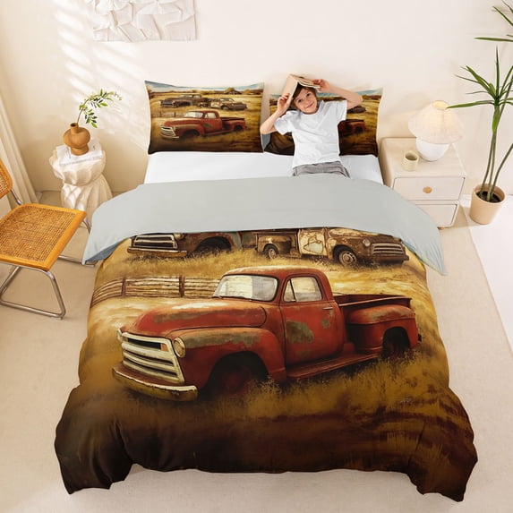 Castle Fairy Rustic Retro Pickup Truck Duvet Cover Set for Adults, Farm Field Barn Bedding Full for Bedroom, Warm Brown,Grey Reversible,3pcs,No Comforter