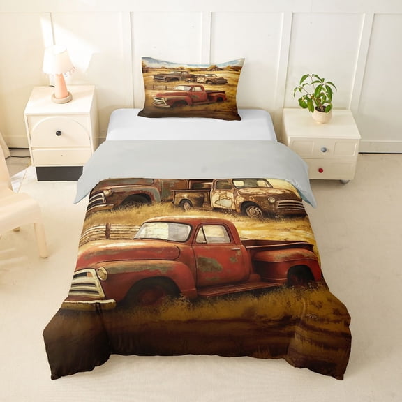 Castle Fairy Rustic Retro Pickup Truck Twin Bedding for Adults, Farm Field Barn Duvet Cover Set for Bedroom, Warm Brown,Grey Reversible,2pcs,No Comforter
