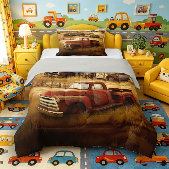 Castle Fairy Rustic Retro Pickup Truck Twin Comforter Sets 3-Piece for Adults, Farm Field Barn Bedding Set for Bedroom, Warm Brown,Grey Reversible