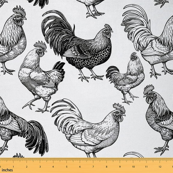 Castle Fairy Rustic Rooster Fabric by the Yard 1 Yard,Black White Home Decor Fabric by the Yard,Farmhouse Animal Room Decor Fabric by the Yard,Lightweight Vintage Room Decor