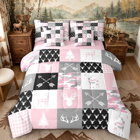Castle Fairy Rustic Vintage Camo Deer Full Size Bedding Sets 7 Pieces,Geometric Plaid Full Size Bed in a Bag,Pink Gray White,Pink Reversible