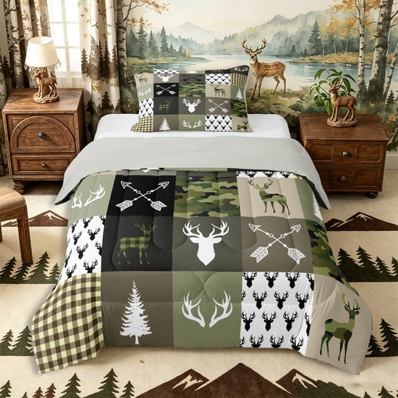 Castle Fairy Rustic Vintage Camo Deer Twin Comforter Sets 2pcs,Geometric Plaid Bedding Set,Olive Black Cream,Grey Reversible,1 Comforter and 1 Pillowcase
