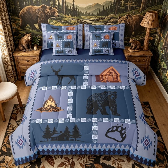 Castle Fairy Rustic Wildlife Bear Deer Full Size Bedding Sets 7 Pieces,Vintage Cabin Full Size Bed in a Bag,Blue Gray White,Navy Blue Reversible