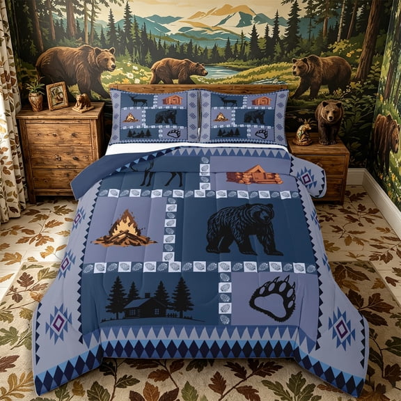 Castle Fairy Rustic Wildlife Bear Deer Full Size Comforter Sets 3-Piece,Vintage Cabin Bedding Comforter Set,Blue Gray White,Navy Blue Reversible,1 Comforter and 2 Pillowcases