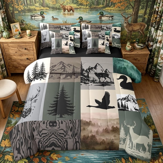 Castle Fairy Rustic Wildlife Deer Bear Duck Full Size Bedding Sets 7 Pieces for Teens,Smooky Jungle Animal Full Size Bed in a Bag,Brown Gray Green,Black Reversible