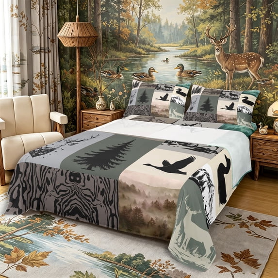Castle Fairy Rustic Wildlife Deer Bear Duck Queen Sheets 4 Pieces for Teens,Smooky Jungle Animal Queen Sheet Sets,Brown Gray Green,1 Fitted Sheet, 1 Flat Sheet and 2 Pillowcases