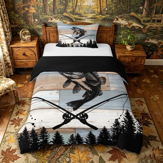 Castle Fairy Rustic Wood Bass Fishing Graphic Twin Duvet Cover,Cross Rod Pine Tree Vintage Wall Print Twin Bedding,Blue Brown,Black Reversible,2pcs,No Comforter,1 Duvet Cover and 1 Pillowcase