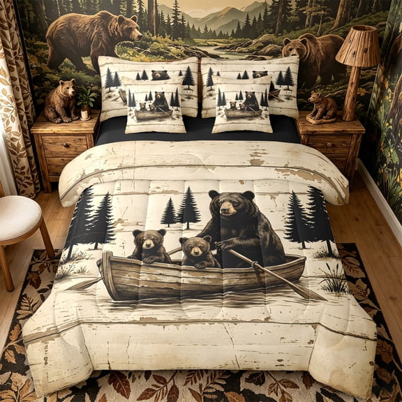 Castle Fairy Rustic Wood Grain Bear King Bedding 7pcs for Teens,Lake Pine Forest Canoe King Bed in a Bag,Beige Brown Black,Black Reversible