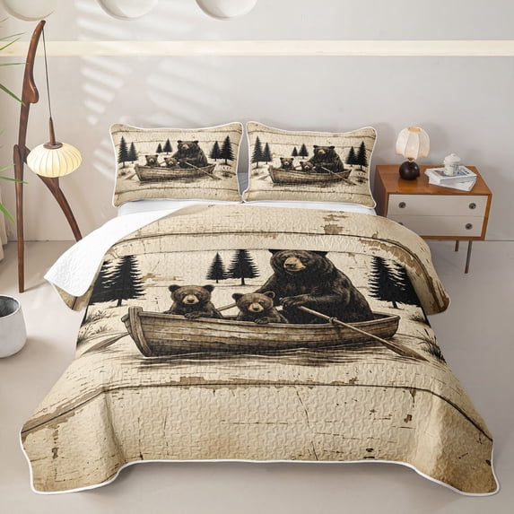 Castle Fairy Rustic Wood Grain Bear Twin Quilt Set for Teens,Lake Pine Forest Canoe Twin Coverlet Set,Beige Brown Black