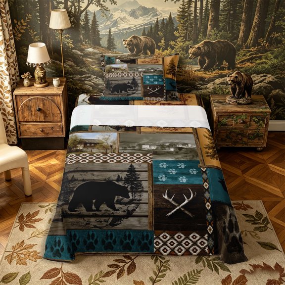 Castle Fairy Rustic Wood Patchwork Wildlife Twin Sheets 3pcs,Bear Deer Cabin Pine Paw Bedding,Teal Tan Brown,1 Fitted Sheet, 1 Flat Sheet and 1 Pillowcase