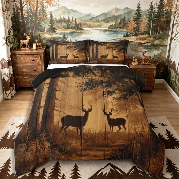 Castle Fairy Rustic Wood Plank Deer Full Size Comforter Sets 3-Piece for Boys,Fall Jungle Animal Bedding Comforter Set,Sepia Brown Black,Black Reversible,1 Comforter and 2 Pillowcases