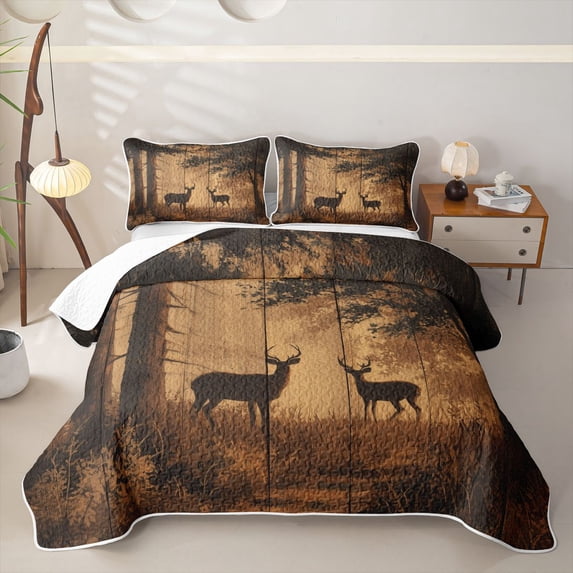 Castle Fairy Rustic Wood Plank Deer Twin Quilt Set for Boys,Fall Jungle Animal Twin Coverlet Set,Sepia Brown Black