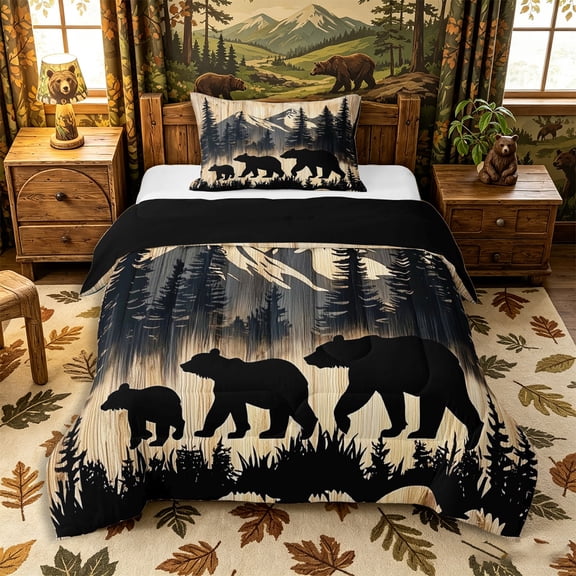 Castle Fairy Rustic Woodland Bear Twin Comforter Sets 2pcs,Vintage Junle Wildlife Bedding Set,Tan Black Cream,Black Reversible,1 Comforter and 1 Pillowcase