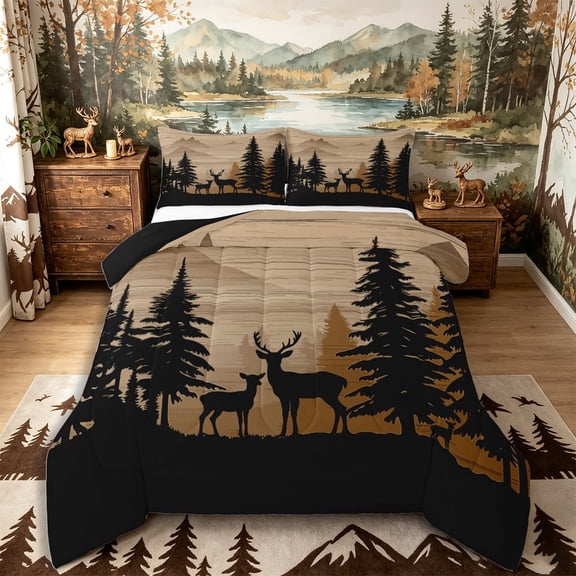 Castle Fairy Rustic Woodland Deer Full Size Comforter Sets 3-Piece,Jungle Animal Bedding Comforter Set,Tan Black Cream,Black Reversible,1 Comforter and 2 Pillowcases