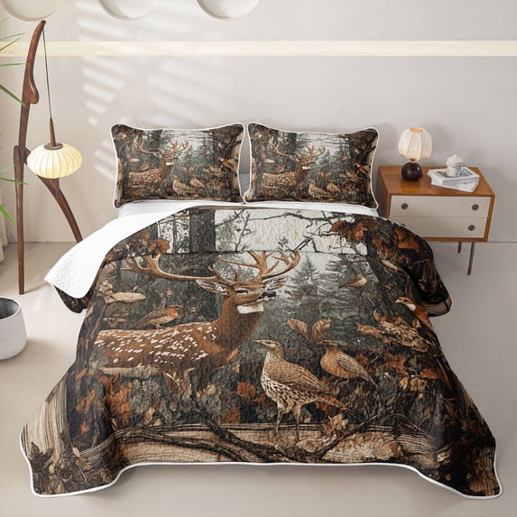Castle Fairy Rustic Woodland Spotted Deer Twin Quilt Set for Teens,Natural Forest Bird Twin Coverlet Set,Brown Green