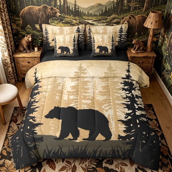 Castle Fairy Safari Bear 7-Piece Twin Bedding,Woodland Animal Bedding Comforter Set,Black Cream,Black Reversible