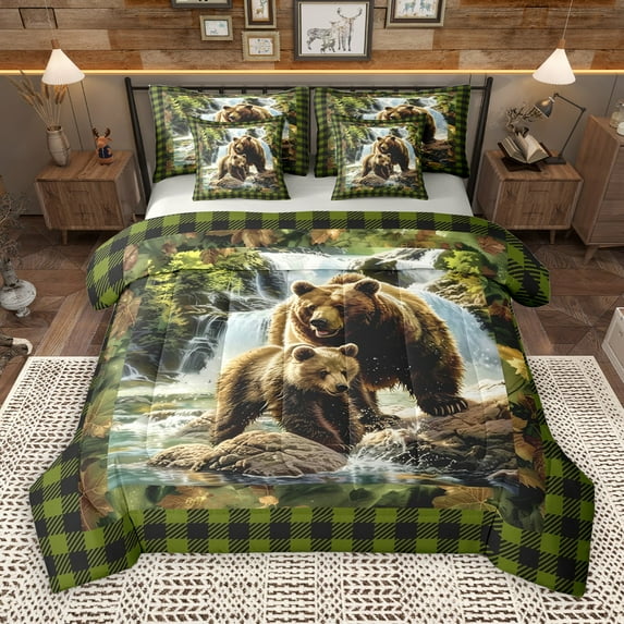 Castle Fairy Safari Bear 7Pcs Bedding Comforter Set for Teens Boys Men,Jungle Animal Queen Bedding Sets Super Cozy,Geometric Plaid Queen Sheet Sets,Lightweight Room Decor