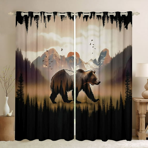 Castle Fairy Safari Bear Black Out Curtains for Boys Girls,Black Brown Curtains Pack of 2 (42x63 Each),Moutain Jungle Animal Bedroom Curtains,Super Cozy Room Decor