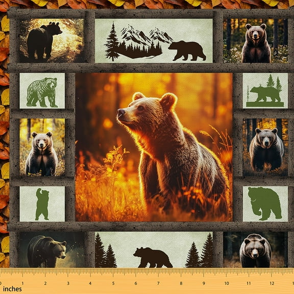 Castle Fairy Safari Bear Boy Fabric by the Yard 2 Yards,Geometric Plaid Room Decor Fabric by the Yard,Woodland Wildlife Sewing Fabric,Super Cozy Room Decor