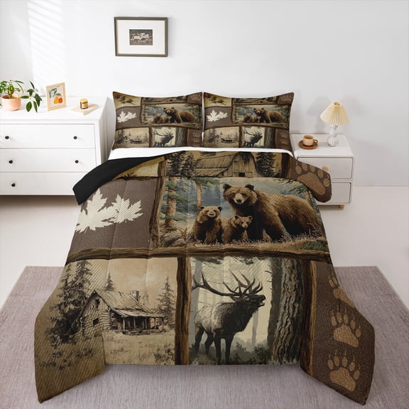 Castle Fairy Safari Bear Deer 3-Piece Full Size Comforter Sets for Teens Men Boys Girls,Rustic Cabin Bedding Comforter Set,Geometric Plaid Lightweight Bedding Sets,Lightweight Room Decor